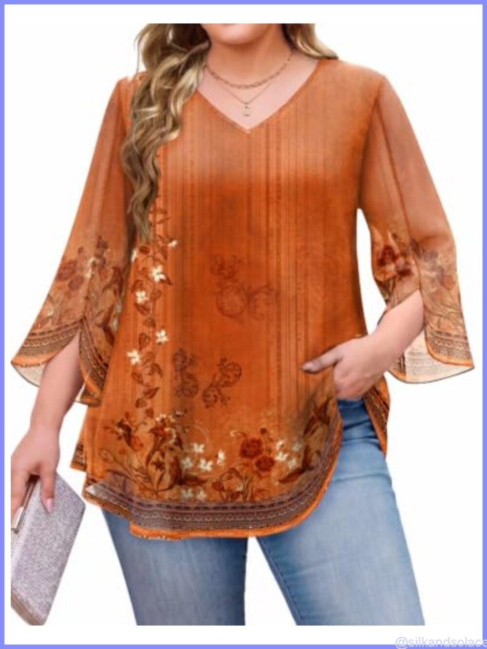 Plus Size Dressy Tunic Top 3/4 Ruffle Sleeve Mesh Blouse